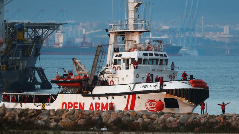 NGO Proactiva Open Arms' rescue boat is seen docked with migrants rescued in central Mediterranean Sea, at the Center for Temporary Assistance to Foreigners (CATE) in the port of Algeciras