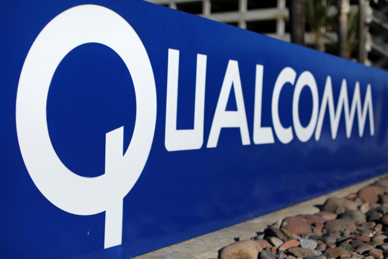 FILE PHOTO: A sign on the Qualcomm campus is seen, as chip maker Broadcom Ltd announced an unsolicited bid to buy peer Qualcomm Inc for $103 billion, in San Diego
