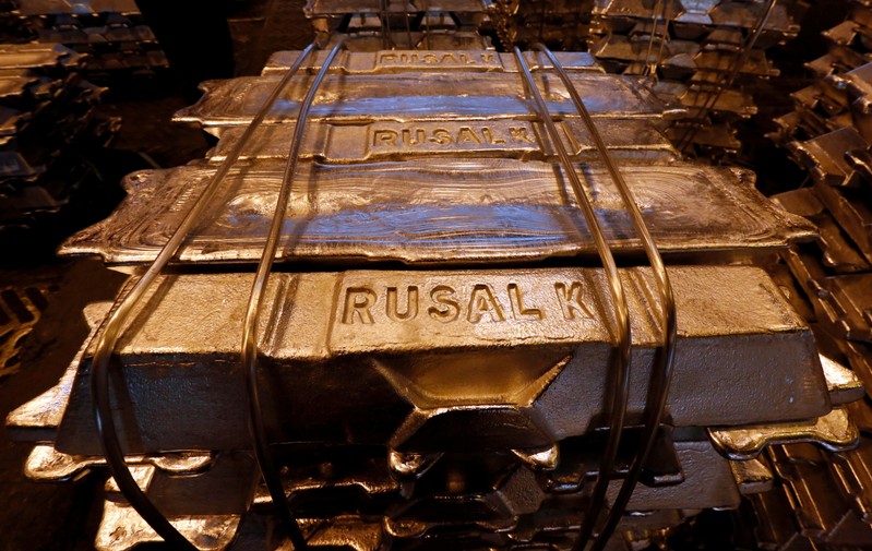 FILE PHOTO: Aluminium ingots are seen stored at the foundry shop of the Rusal Krasnoyarsk aluminium smelter in Krasnoyarsk