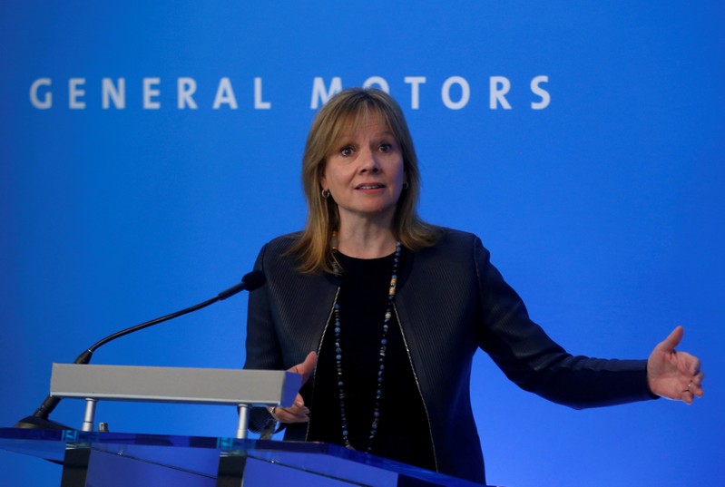 FILE PHOTO: General Motors CEO Mary Barra addresses the media ahead of the start of GM's annual shareholders meeting at the Renaissance Center in Detroit