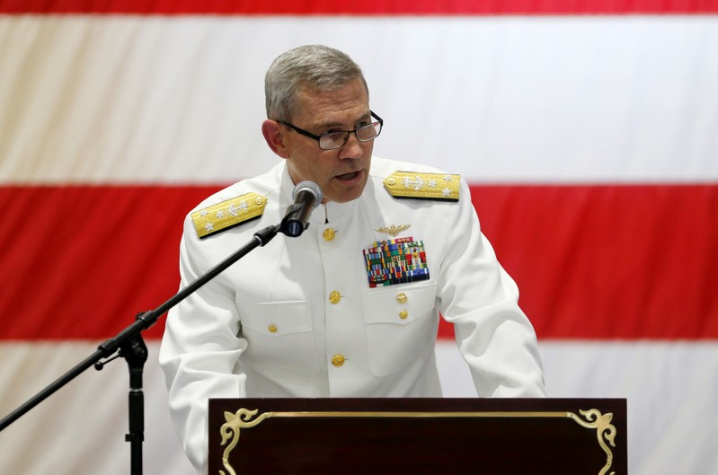 FILE PHOTO: U.S. Navy vice admiral Scott A. Stearney speaks during the Change of Command U.S. Naval Forces Central Command 5th Fleet Combined Maritime Forces ceremony at the U.S. Naval Base in Bahrain