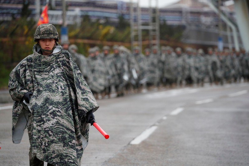 South Korean marines march during a military exercise as a part of the annual joint military training called Foal Eagle between South Korea and the U.S. in Pohang