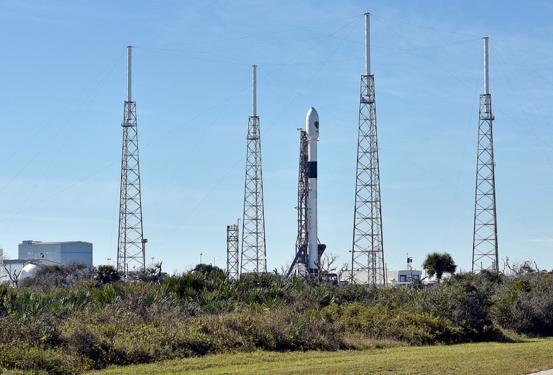 The SpaceX Falcon 9 rocket, scheduled to launch a U.S. Air Force navigation satellite, sits on Launch Complex 40 after the launch was postponed after an abort procedure was triggered by the onboard flight computer, at Cape Canaveral