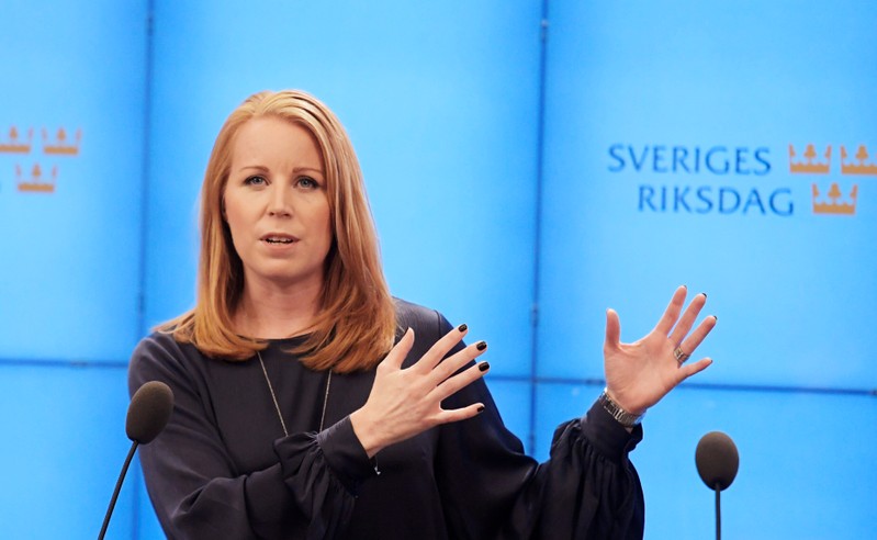 FILE PHOTO: Centre Party leader Annie Loof gives a news conference after a meeting with the Speaker of Parliament in Stockholm