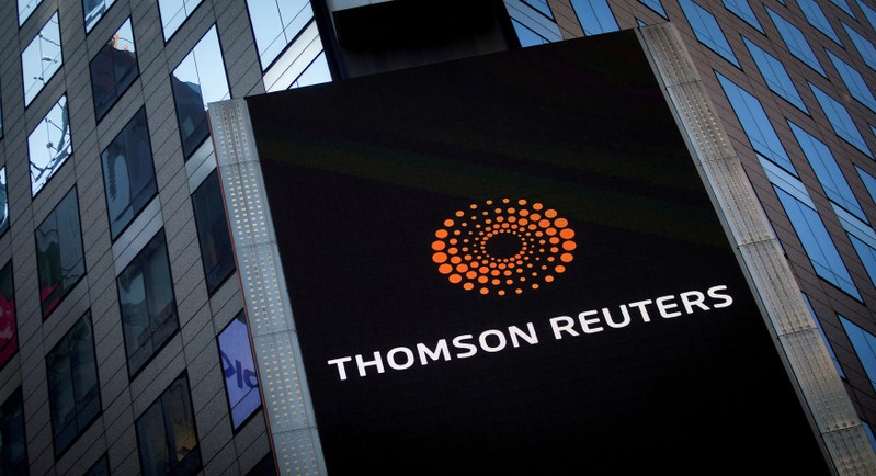 FILE PHOTO: The Thomson Reuters logo is seen on the company building in Times Square, New York