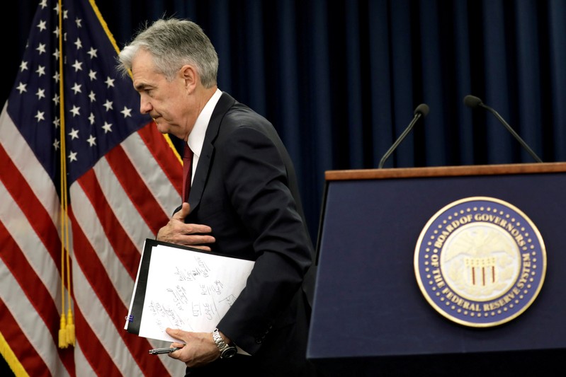 FILE PHOTO: Federal Reserve Board Chairman Jerome Powell holds a news conference after a Federal Open Market Committee meeting in Washington
