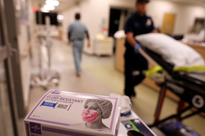 A box of masks is shown in the emergency room at Palomar Medical Center in Escondido, California