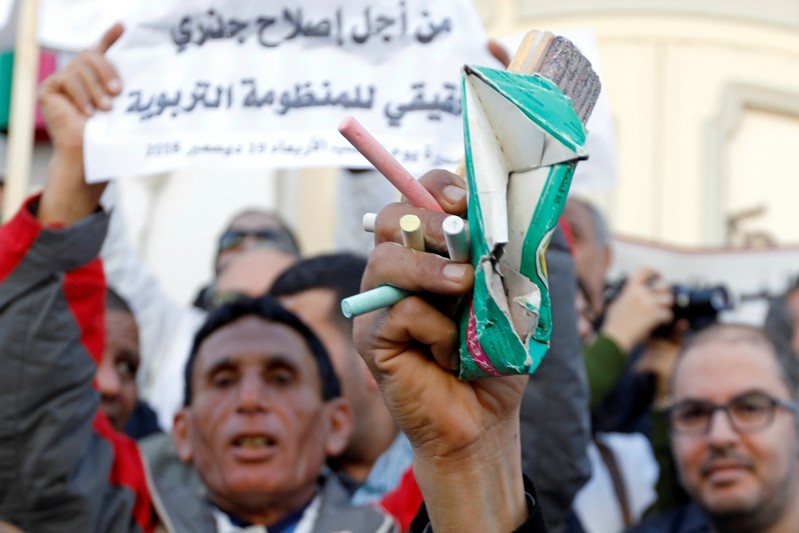 A teacher holds up chalk and an eraser during a protest to demand higher wages in Tunis