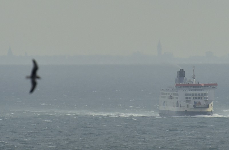 A passenger ferry sails across the English Channel with the French coast seen on the horizon, towards the Port of Dover, Britain