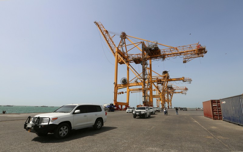FILE PHOTO: A convoy of vehicles transporting U.N. envoy to Yemen Martin Griffiths drive during a visit to the Red Sea port of Hodeidah