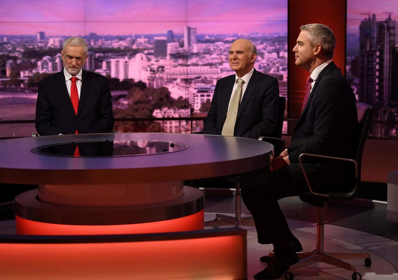 Britain's opposition Labour party leader Jeremy Corbyn, the leader of Britain's Liberal Democrats Vince Cable and Britain's Brexit Secretary Stephen Barclay appear on the BBC's Andrew Marr Show, in London