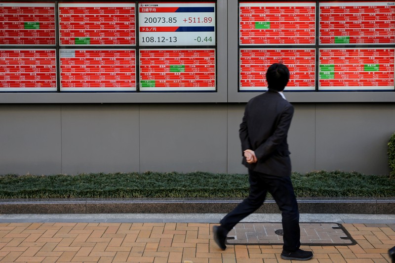 FILE PHOTO: A man looks at an electronic board showing the Nikkei stock index outside a brokerage in Tokyo