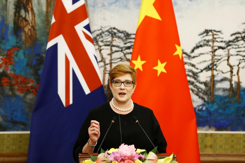 Australian Foreign Minister Marise Payne speaks at a news conference with Chinese Foreign Minister Wang Yi at the Diaoyutai State Guesthouse in Beijing