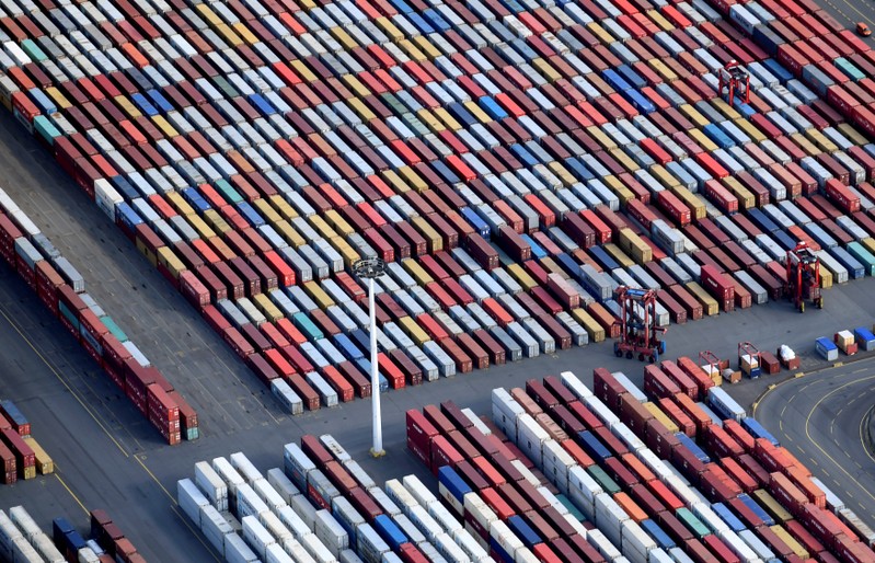 Aerial view of containers at a loading terminal in the port of Hamburg