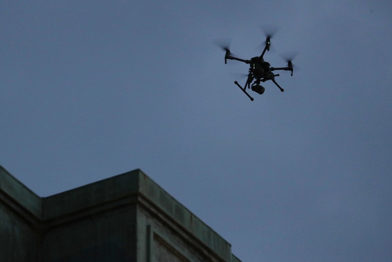 A drone flies overhead in Quebec City, Quebec, Canada,