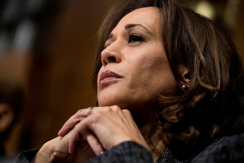 FILE PHOTO: Sen. Kamala Harris listens to Christine Blasey Ford's testimony during the Senate Judiciary Committee hearing on on Capitol Hill in Washington