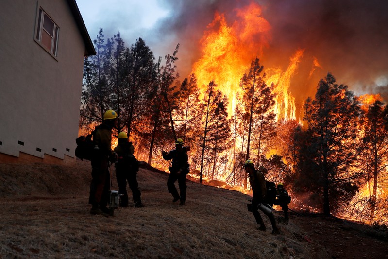 FILE PHOTO: U.S. Forest Service firefighters monitor a back fire while battling to save homes at the Camp Fire in Paradise, California
