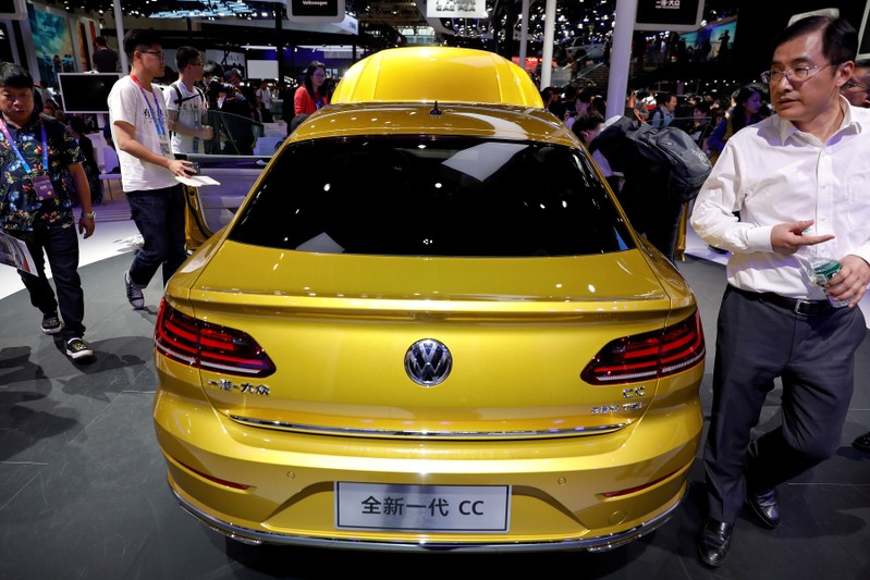 FILE PHOTO: The new Volkswagen CC is displayed during a media preview of the Auto China 2018 motor show in Beijing