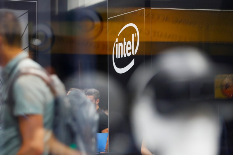 FILE PHOTO: The Intel logo is shown at E3, the world's largest video game industry convention in Los Angeles