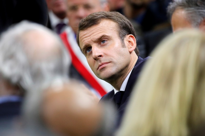 French President Emmanuel Macron attends a meeting with mayors from rural Normandy as part of the launching of the 