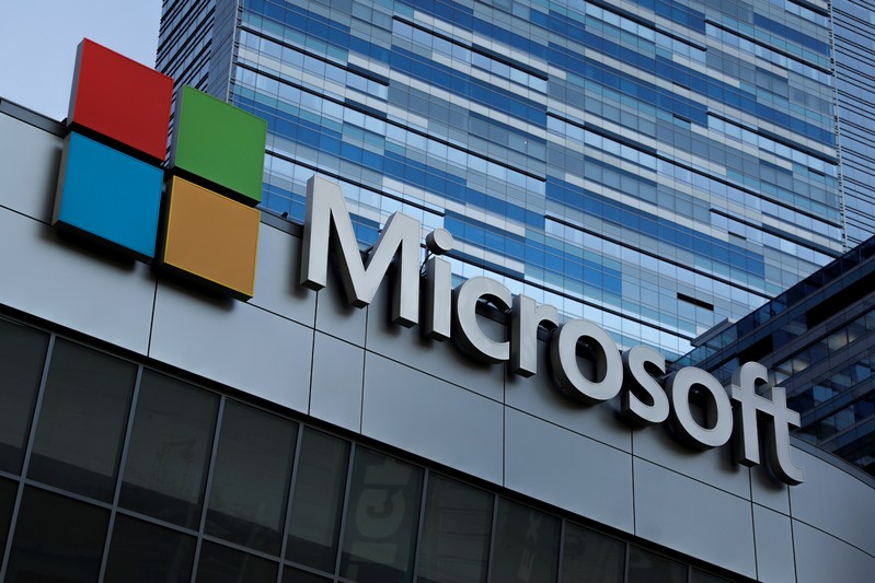 FILE PHOTO - The Microsoft sign is shown on top of the Microsoft Theatre in Los Angeles, California