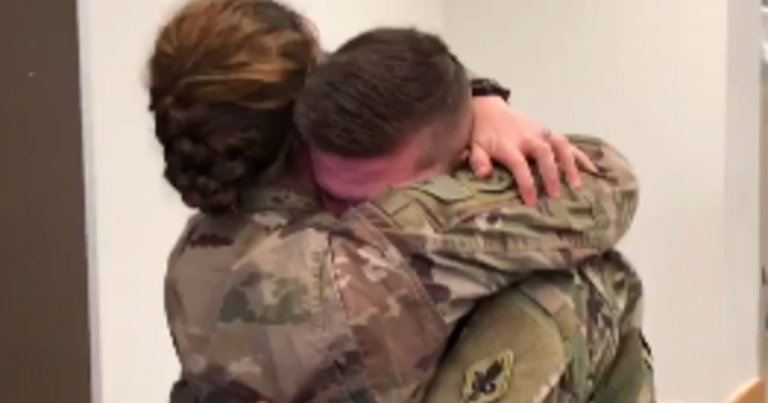 Military wife surprises her fellow officer husband after 8 months in Iraq