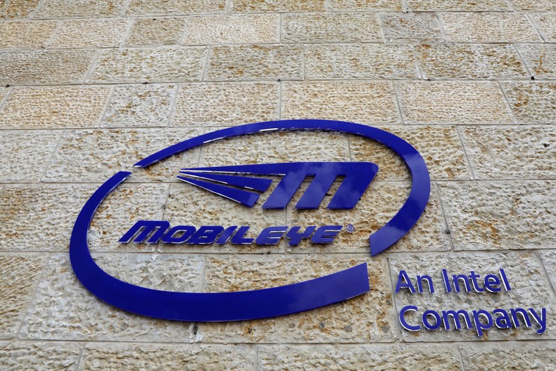 The logo of Israeli technology firm Mobileye is seen on the building hosting their headquarters in Jerusalem