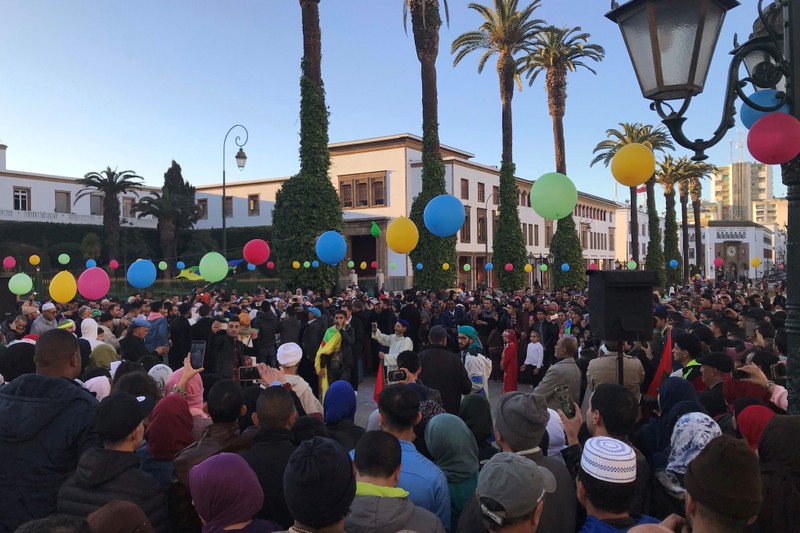 Amazigh people celebrate their new year outside the parliament with calls on the state to recognise the day as an official holiday and protect their language in Rabat