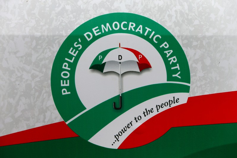 FILE PHOTO: People's Democratic Party (PDP) logo seen on display in Enugu