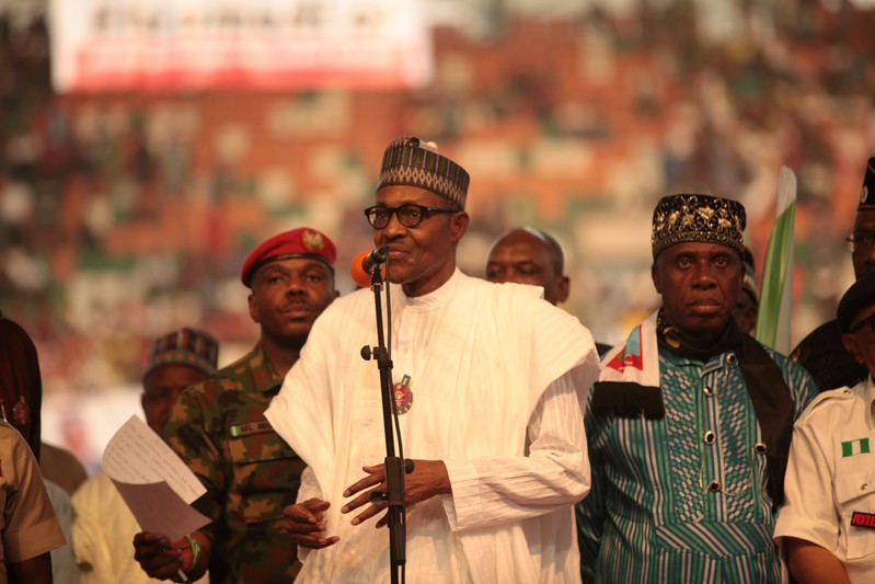 Nigeria's President Muhammadu Buhari speaks a launch campaign for his re-election, in Uyo