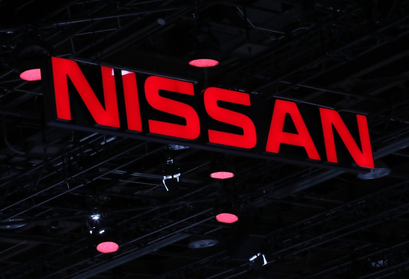 Nissan logo displayed at the North American International Auto Show in Detroit, Michigan