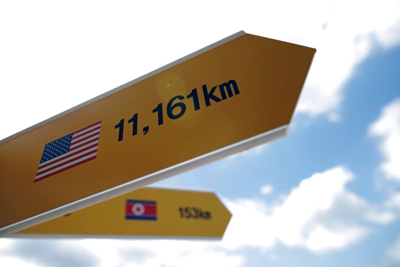 Directional signs bearing North Korean and U.S. flags are seen near the demilitarized zone in Paju