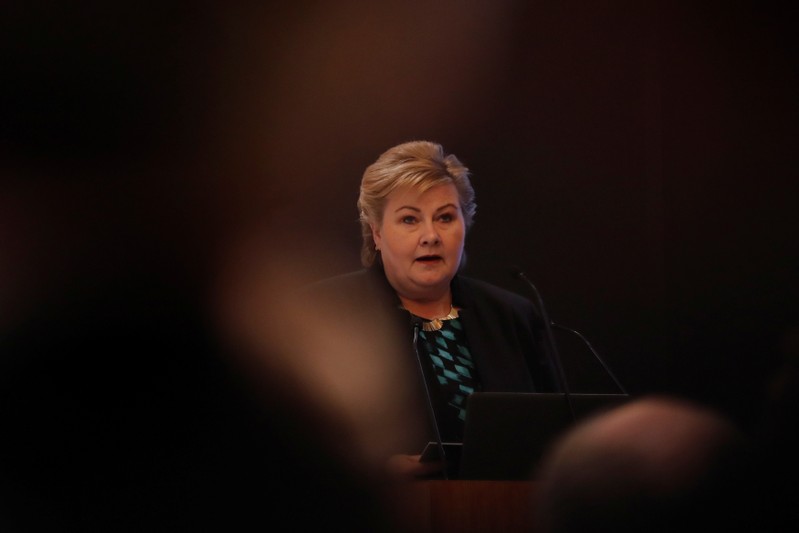 Norway's Prime Minister Erna Solberg speaks during India-Norway Business Conference in New Delhi
