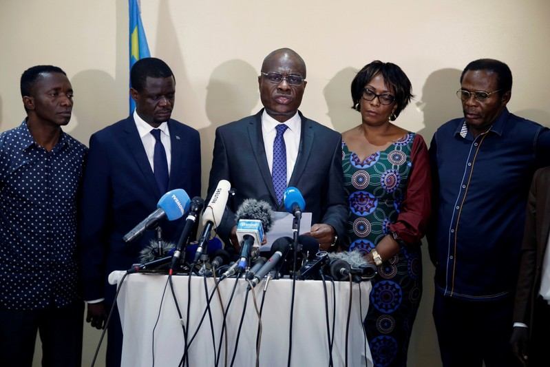 Martin Fayulu, Congolese joint opposition presidential candidate, speaks during a press conference in Kinshasa