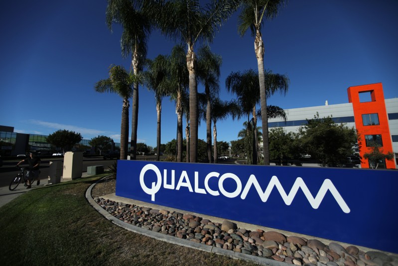 A sign on the Qualcomm campus is seen, as chip maker Broadcom Ltd announced an unsolicited bid to buy peer Qualcomm Inc for $103 billion, in San Diego