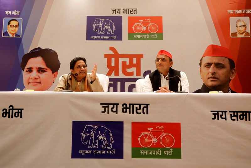 BSP chief Mayawati speaks as Akhilesh Yadav, chief of SP, looks on during a joint news conference to announce their alliance for the upcoming national election, in Lucknow