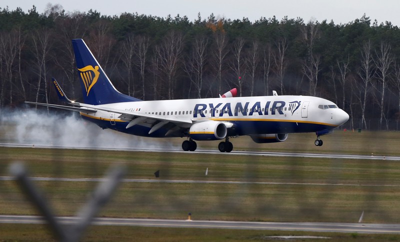 A Ryanair aircraft lands at the airport in Modlin near Warsaw