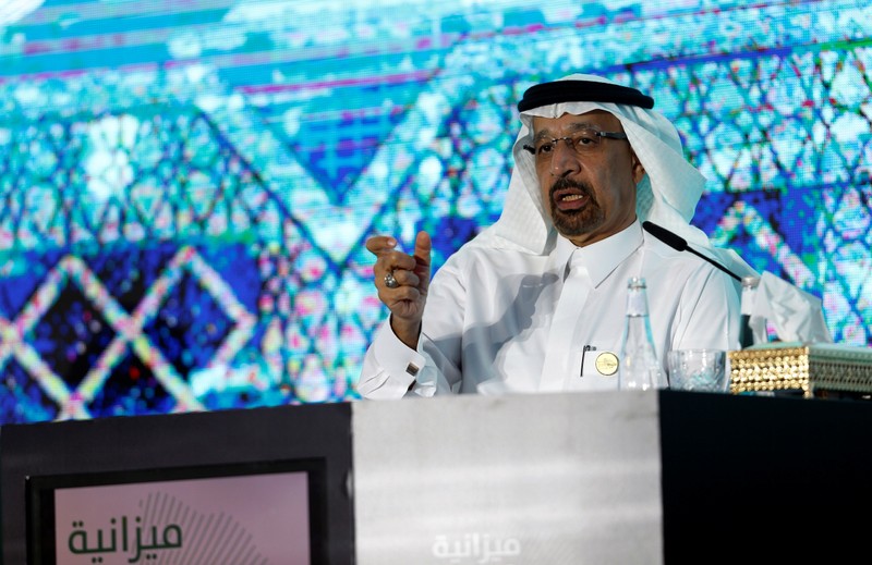 Saudi Energy Minister Khalid al-Falih speaks to the media during Saudi government ministers brief in Riyadh