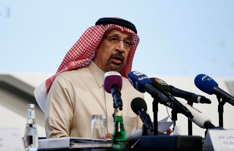FILE PHOTO: Saudi Energy Minister Khalid al-Falih speaks during a news conference in Riyadh, Saudi Arabia