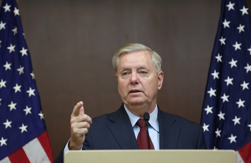 FILE PHOTO: U.S. Senator Lindsey Graham gestures during a news conference in Ankara
