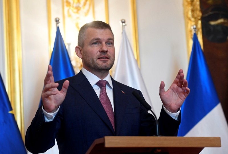 Slovakia's Prime Minister Peter Pellegrini speaks during a news conference with French President Emmanuel Macron at Bratislava Castle in Bratislava