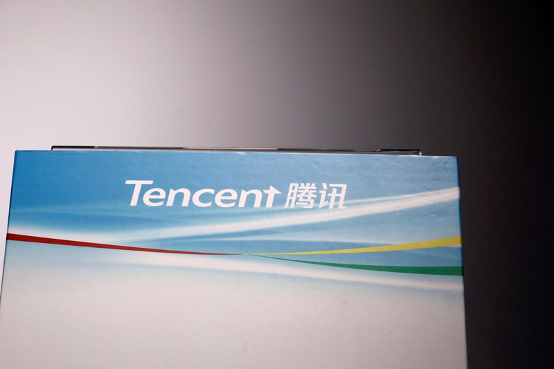 Logo of Tencent is displayed at a news conference in Hong Kong, China