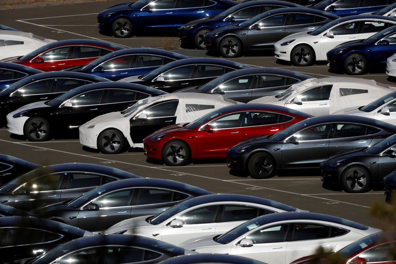 FILE PHOTO: Rows of new Tesla Model 3 electric vehicles are seen in Richmond, California.