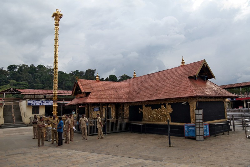 FILE PHOTO: Police stand inside the premises of the Sabarimala temple in Pathanamthitta