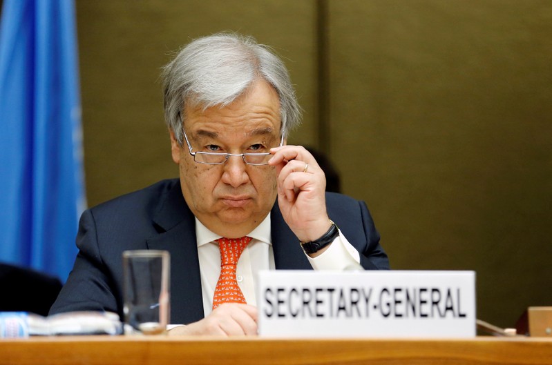 FILE PHOTO: United Nations Secretary-General Antonio Guterres looks on during the High-Level Pledging Event for the Humanitarian Crisis in Yemen, in Geneva