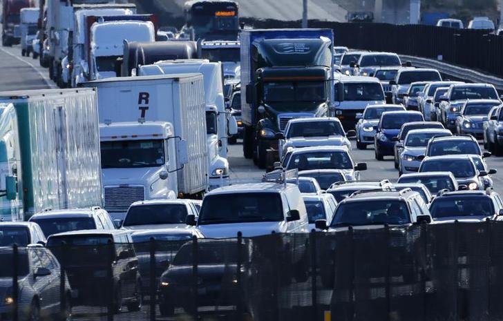 Automobile traffic backs-up as it travels north from San Diego to Los Angeless along Interstate Highway 5 in California