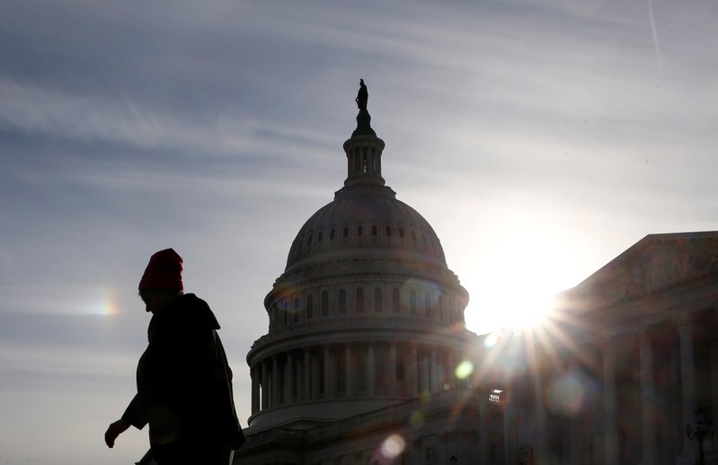 A visitor walks by the U.S. Capitol on day 32 of a partial government shutdown in Washington