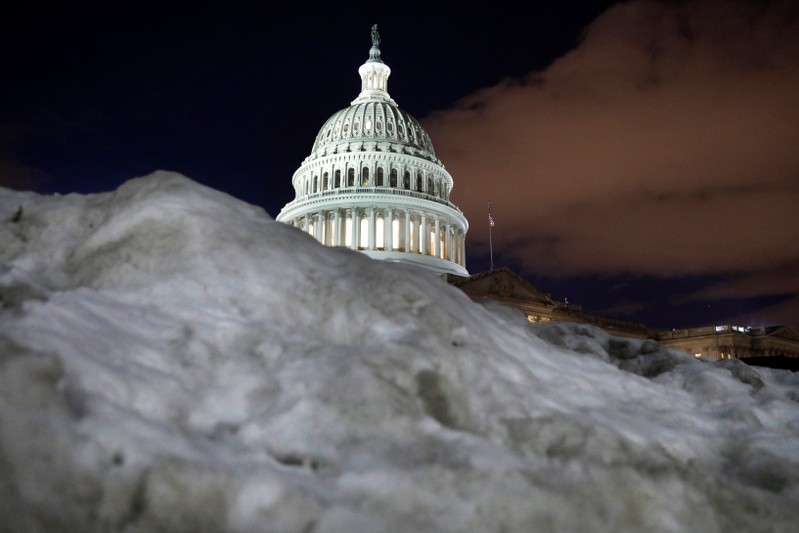 The U.S. Capitol is seen behind a snow pile in Washington