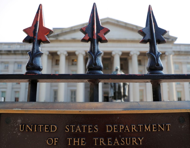 FILE PHOTO: A sign marks the U.S Treasury Department in Washington
