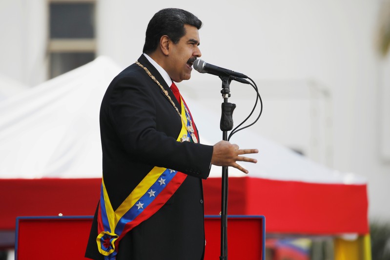 FILE PHOTO: Venezuelan President Nicolas Maduro speaks during a ceremony, after his swearing-in for a second presidential term, at Fuerte Tiuna military base in Caracas